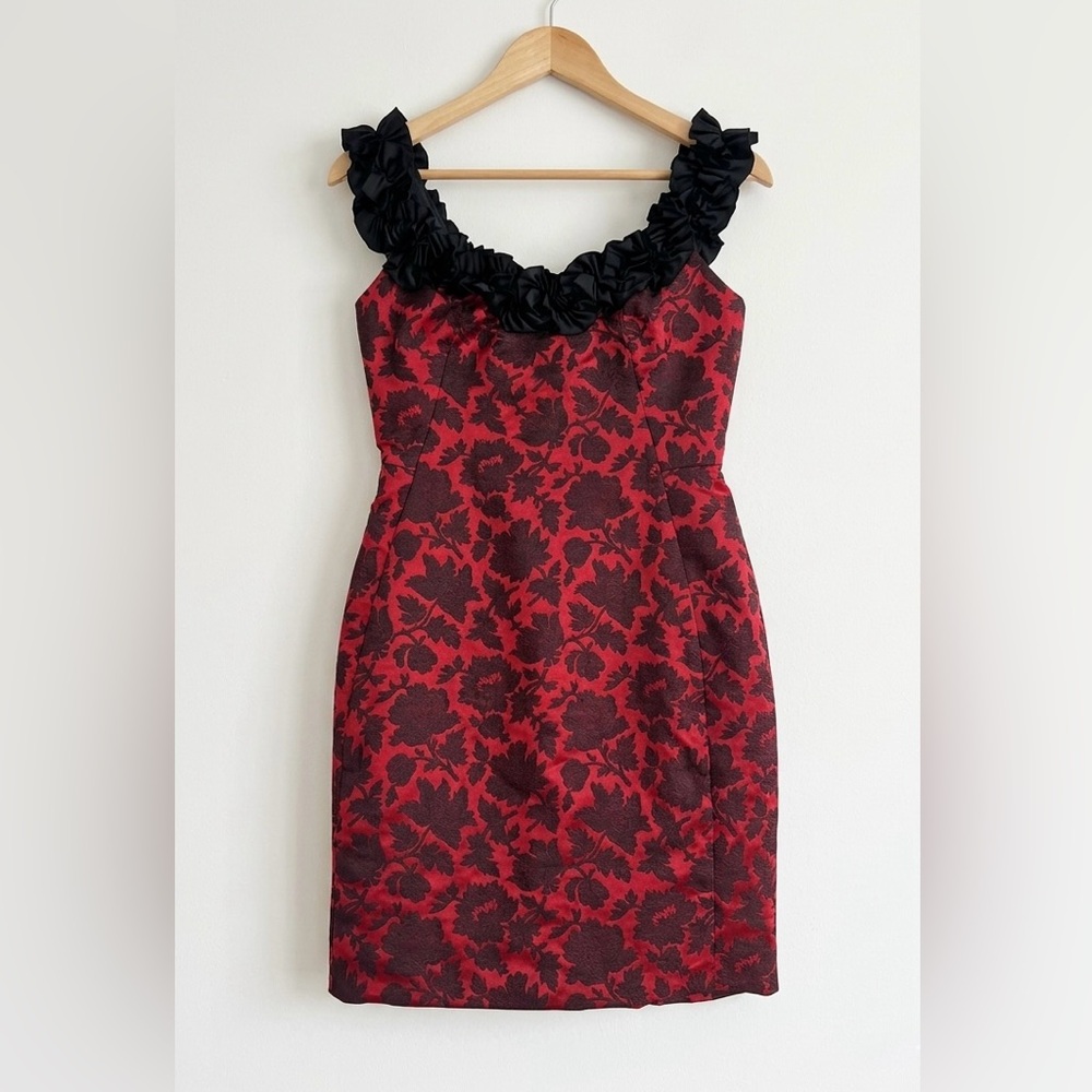 Maggy London Dark Floral Ruffle Strap Pleated Mini Sleeveless Cocktail Dress